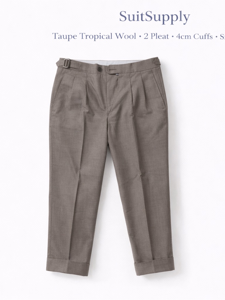 Suitsupply Taupe Pleated Tropical Wool Trousers - Adjustable 28 To 32